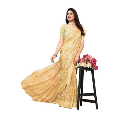 Women's Viscose Rayon Printed Saree With Unstitched Blouse (Yellow) - Image 2