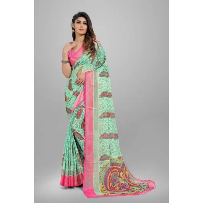 Women's Viscose Rayon Printed Saree With Unstitched Blouse (Teal) - Image 6