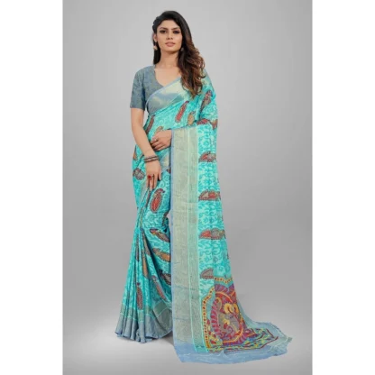 Women's Viscose Rayon Printed Saree With Unstitched Blouse (Sky Blue) - Image 6