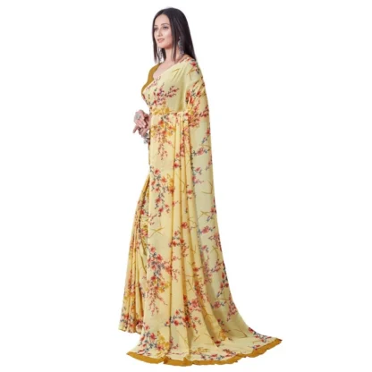 Women's Georgette Printed Saree With Unstitched Blouse (Yellow) - Image 3