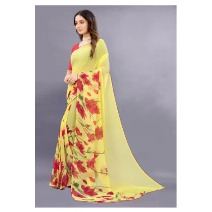 Women's Georgette Printed Saree With Unstitched Blouse (Yellow) - Image 3