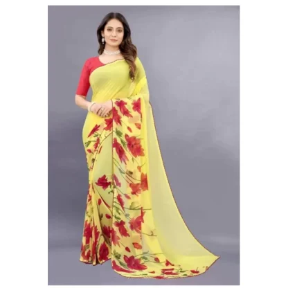 Women's Georgette Printed Saree With Unstitched Blouse (Yellow) - Image 5