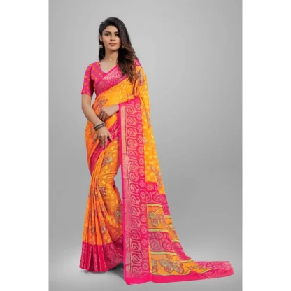 Women's Viscose Rayon Printed Saree With Unstitched Blouse (Yellow) - Image 6