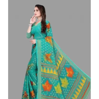 Women's Viscose Rayon Printed Saree With Unstitched Blouse (Teal) - Image 3