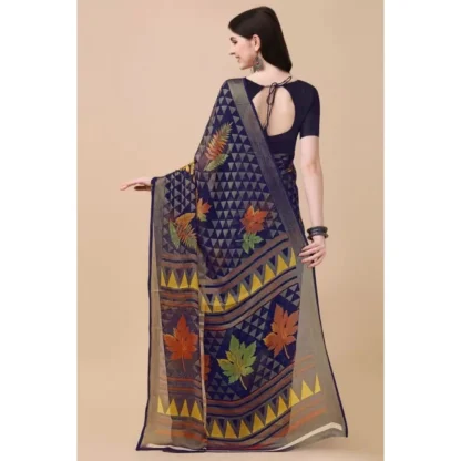 Women's Viscose Rayon Printed Saree With Unstitched Blouse (Navy Blue) - Image 2