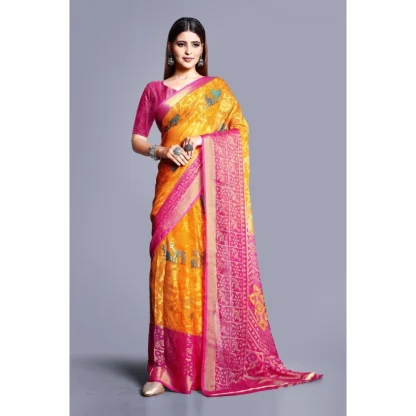 Women's Viscose Rayon Printed Saree With Unstitched Blouse (Yellow) - Image 4