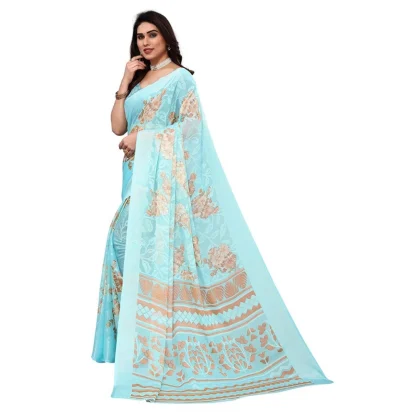 Women's Viscose Rayon Printed Saree With Unstitched Blouse (Sky Blue) - Image 4