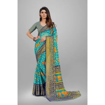 Women's Viscose Rayon Printed Saree With Unstitched Blouse (Sky Blue) - Image 3