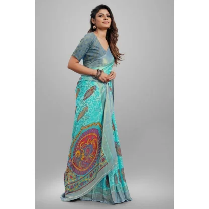 Women's Viscose Rayon Printed Saree With Unstitched Blouse (Sky Blue) - Image 4