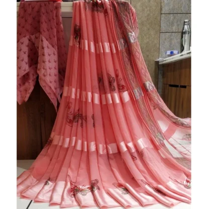 Women's Satin Patta Printed Saree With Unstitched Blouse (Pink)