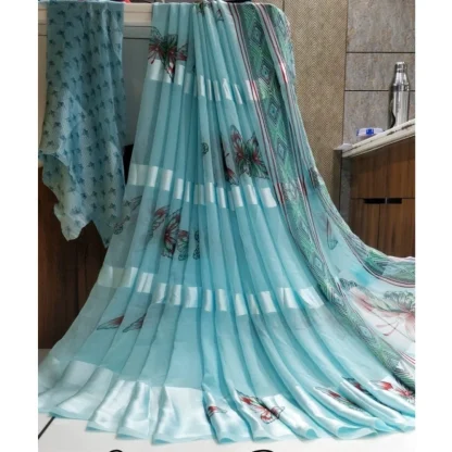 Women's Satin Patta Printed Saree With Unstitched Blouse (Skyblue)