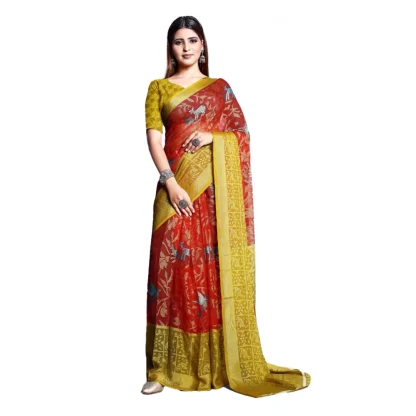 Women's Viscose Rayon Printed Saree With Unstitched Blouse (Red)