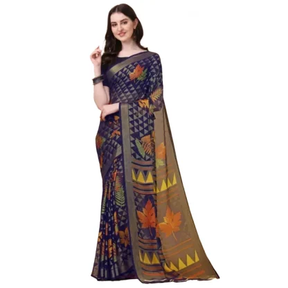 Women's Viscose Rayon Printed Saree With Unstitched Blouse (Navy Blue)