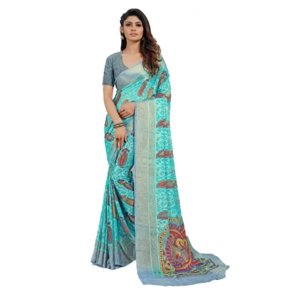 Women's Viscose Rayon Printed Saree With Unstitched Blouse (Sky Blue)