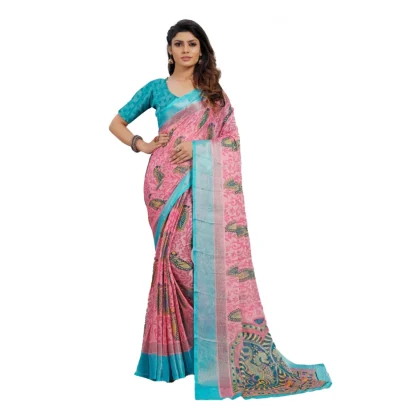 Women's Viscose Rayon Printed Saree With Unstitched Blouse (Pink)