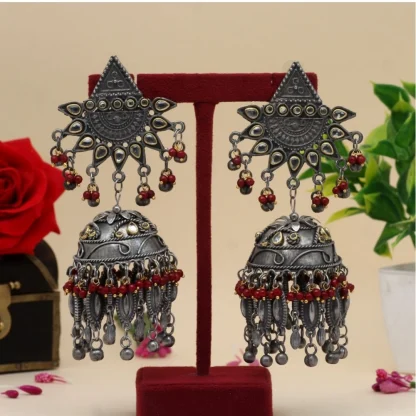 Women's Maroon Color Oxidised Big Jhumka Earrings