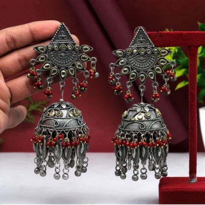 Women's Maroon Color Oxidised Big Jhumka Earrings - Image 2