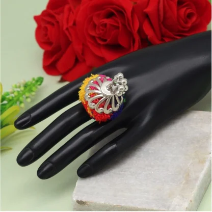 Women's Multi Color Thread Work Oxidised Adjustable Rings