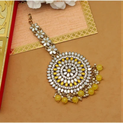 Women's Yellow Color Mirror Work Maang Tikka