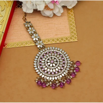 Women's Purple Color Mirror Work Maang Tikka