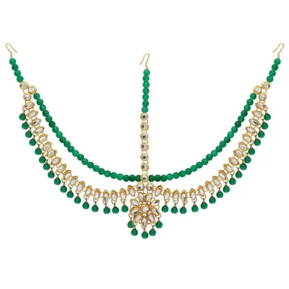 Women's Green Color Imitation Pearl & Kundan Work Matha Patti - Image 2