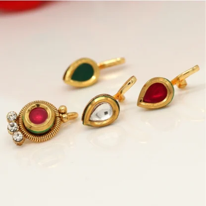 Women's Multi Color Kundan Nose Pin Combo Of 4 Pieces