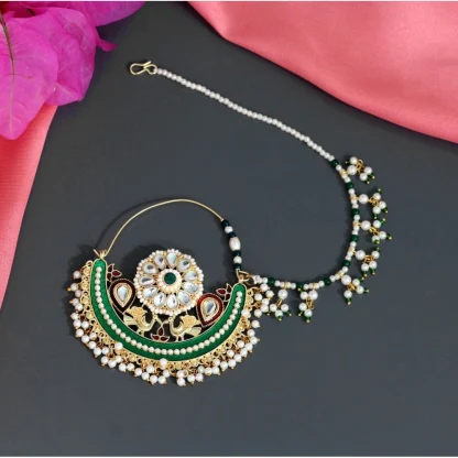 Women's Green Color Kundan & Beads Nose Nath