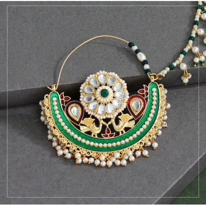 Women's Green Color Kundan & Beads Nose Nath - Image 2