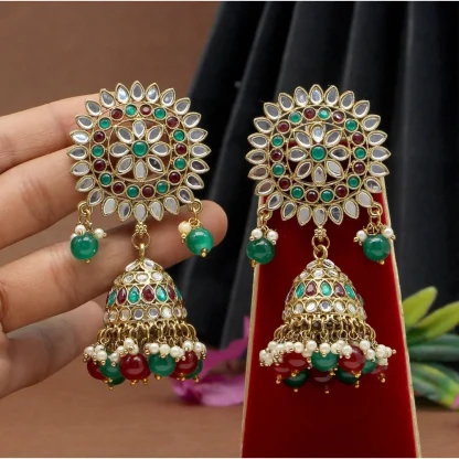 Women's Maroon & Green Color Mirror Earrings - Image 2