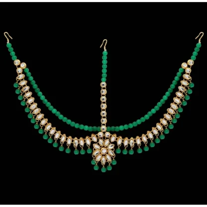 Women's Green Color Imitation Pearl & Kundan Work Matha Patti - Image 3