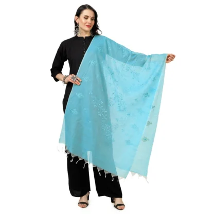 Women's Cotton Embroidered Dupatta (Aqua Blue, Length: 2.25 to 2.50 Mtr)