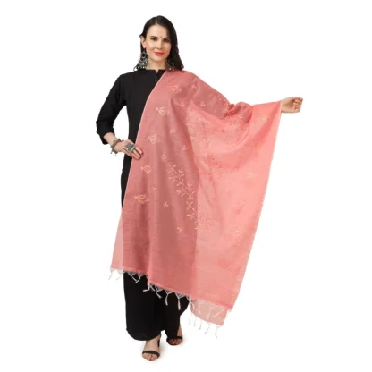 Women's Cotton Embroidered Dupatta (Peach, Length: 2.25 to 2.50 Mtr)