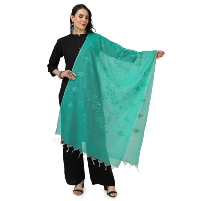 Women's Cotton Embroidered Dupatta (Turquoise, Length: 2.25 to 2.50 Mtr)