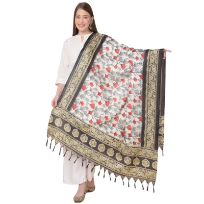 Women's Art Silk Printed Dupatta (Black, Length: 2.25 to 2.50 Mtr)