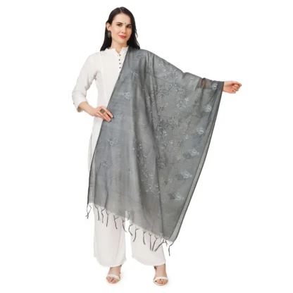 Women's Cotton Embroidered Dupatta (Grey, Length: 2.25 to 2.50 Mtr)