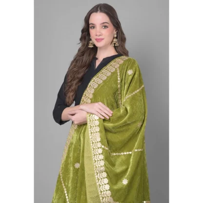 Women's Velvet Gotta Patti Dupatta (Olive, Length: 2.25 to 2.50 Mtr) - Image 3