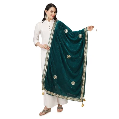 Women's Velvet Gotta Patti Dupatta (Dark Green, Length: 2.25 to 2.50 Mtr)