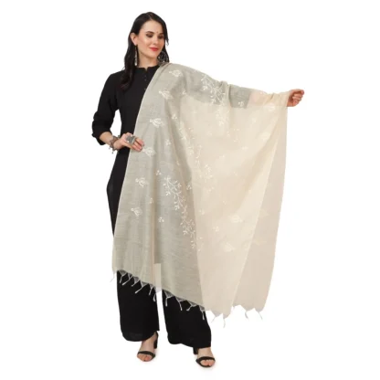 Women's Cotton Embroidered Dupatta (Off-White, Length: 2.25 to 2.50 Mtr)