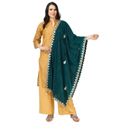 Women's Velvet Gotta Patti Dupatta (Dark Green, Length: 2.25 to 2.50 Mtr)