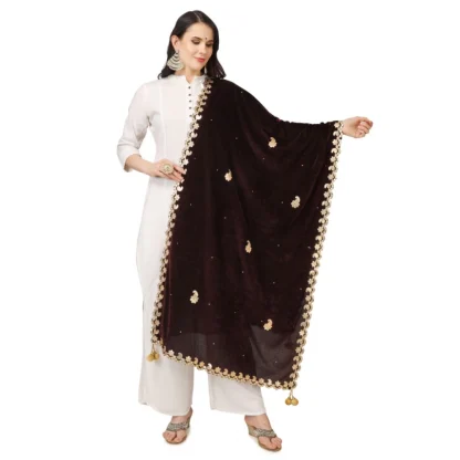 Women's Velvet Gotta Patti Dupatta (Brown, Length: 2.25 to 2.50 Mtr)