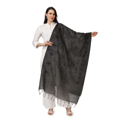 Women's Cotton Embroidered Dupatta (Black, Length: 2.25 to 2.50 Mtr)