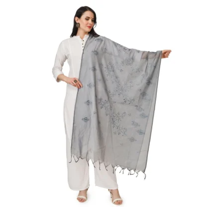 Women's Cotton Embroidered Dupatta (Grey, Length: 2.25 to 2.50 Mtr)