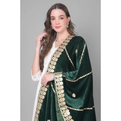 Women's Velvet Gotta Patti Dupatta (Green, Length: 2.25 to 2.50 Mtr) - Image 3