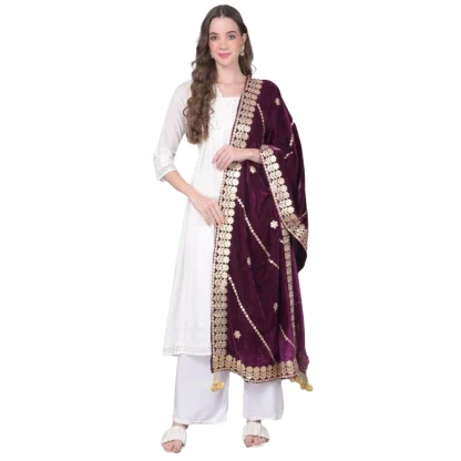 Women's Velvet Gotta Patti Dupatta (Wine, Length: 2.25 to 2.50 Mtr)