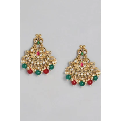 Women's Rose Gold Plated Alloy Kundan Earrings & Mangtikka (Red & Green) - Image 2