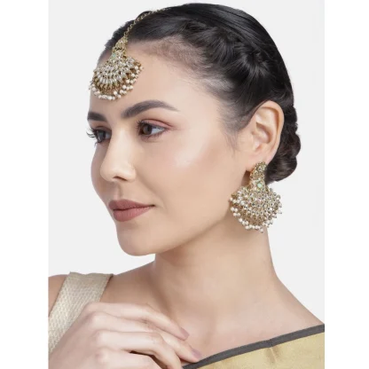 Women's Rose Gold Plated Alloy Kundan Earrings & Mangtikka (White) - Image 4