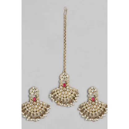 Women's Rose Gold Plated Alloy Kundan Earrings & Mangtikka (White)