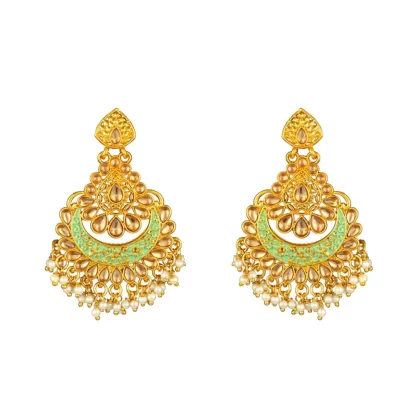 Women's Rose Gold Plated Alloy Kundan Earrings & Mangtikka (Green) - Image 3