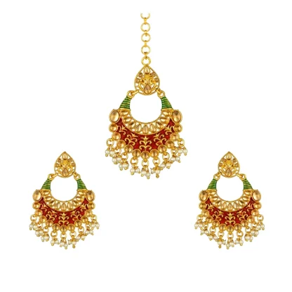 Women's Rose Gold Plated Alloy Kundan Earrings & Mangtikka (Red & Green)