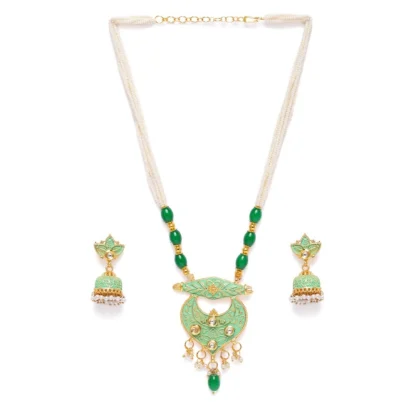 Women's Rose Gold Plated Alloy Necklace & Earings Set (Green)